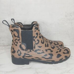 Hunter Refined Leopard Print Chelsea Rubber Rain Boot Waterproof Women's 6 US